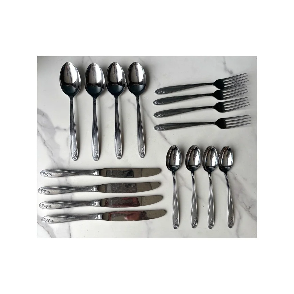 Robeson Germany Stainless Flatware 16pc Set Floral Rose Bud Silverware Vintage